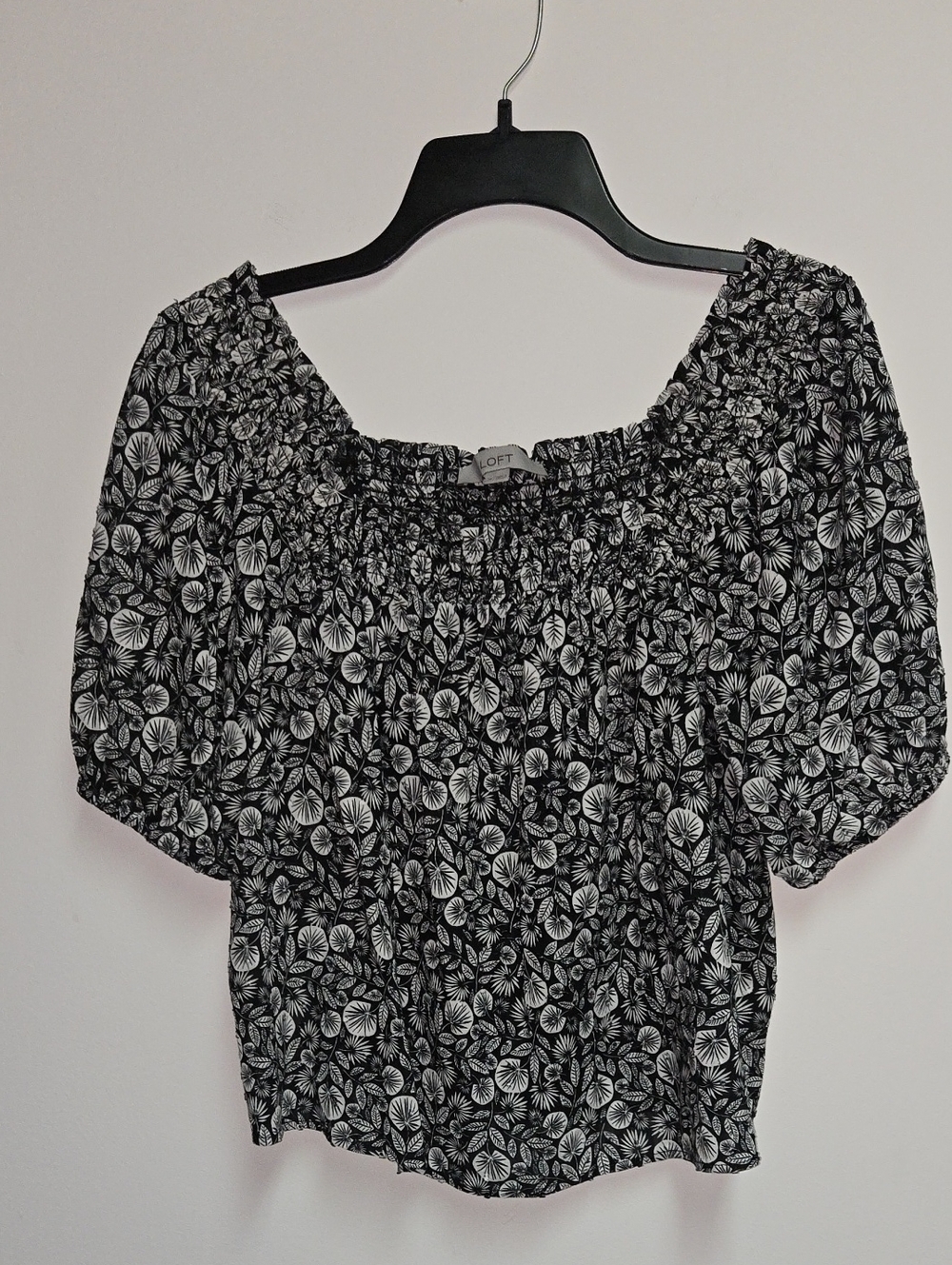 LOFT Black and White Floral Smocked Off-Shoulder Top